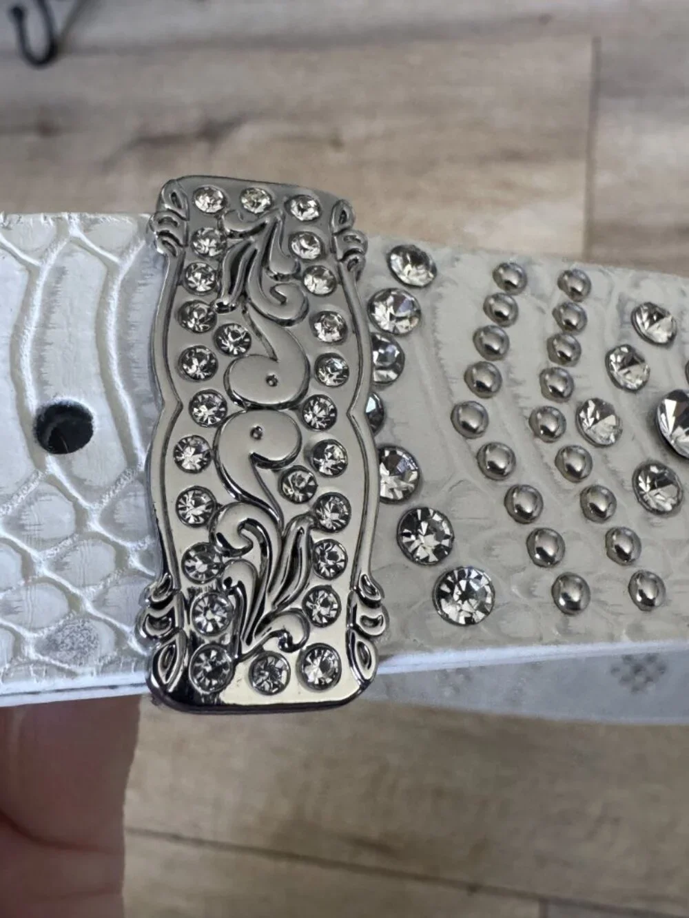 Y2K Genuine Leather White Snake Embossed Rhinestone Silver Studs Buckle Medium